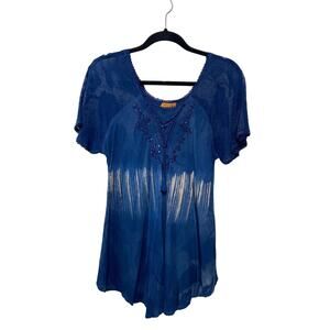 Sakkas Parisa Embroidered Floral Sheer Tunic Blouse Steel Blue‎ Women's One Size